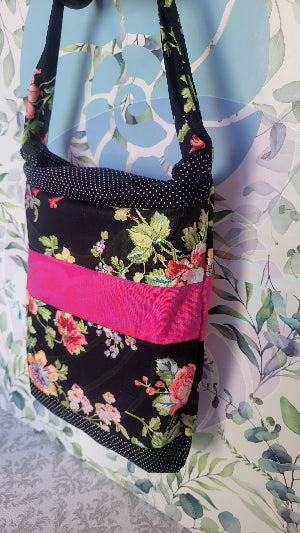 Pink Floral Rose Angelica style Purse in Black Fabric