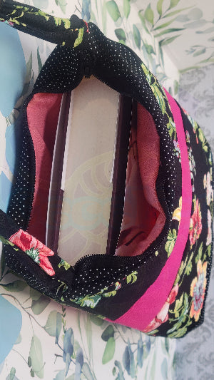 Pink Floral Rose Angelica style Purse in Black Fabric
