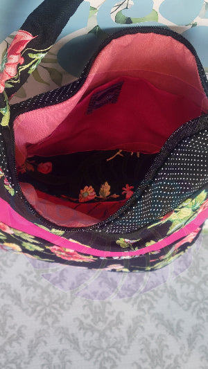 Pink Floral Rose Angelica style Purse in Black Fabric