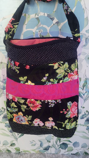 Pink Floral Rose Angelica style Purse in Black Fabric