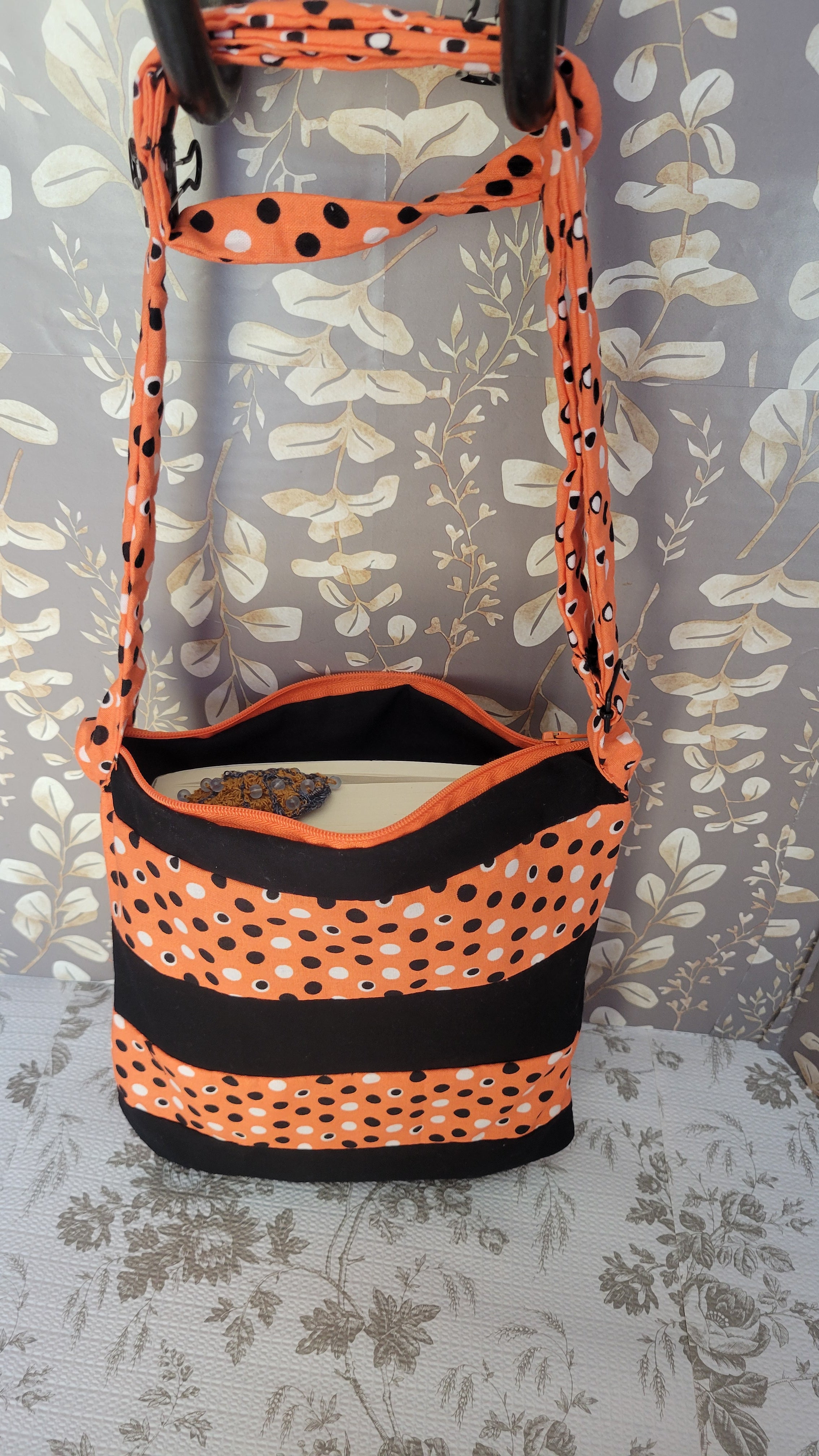 Black and White Polkadots in Orange Background in Quilted Angelica Style
