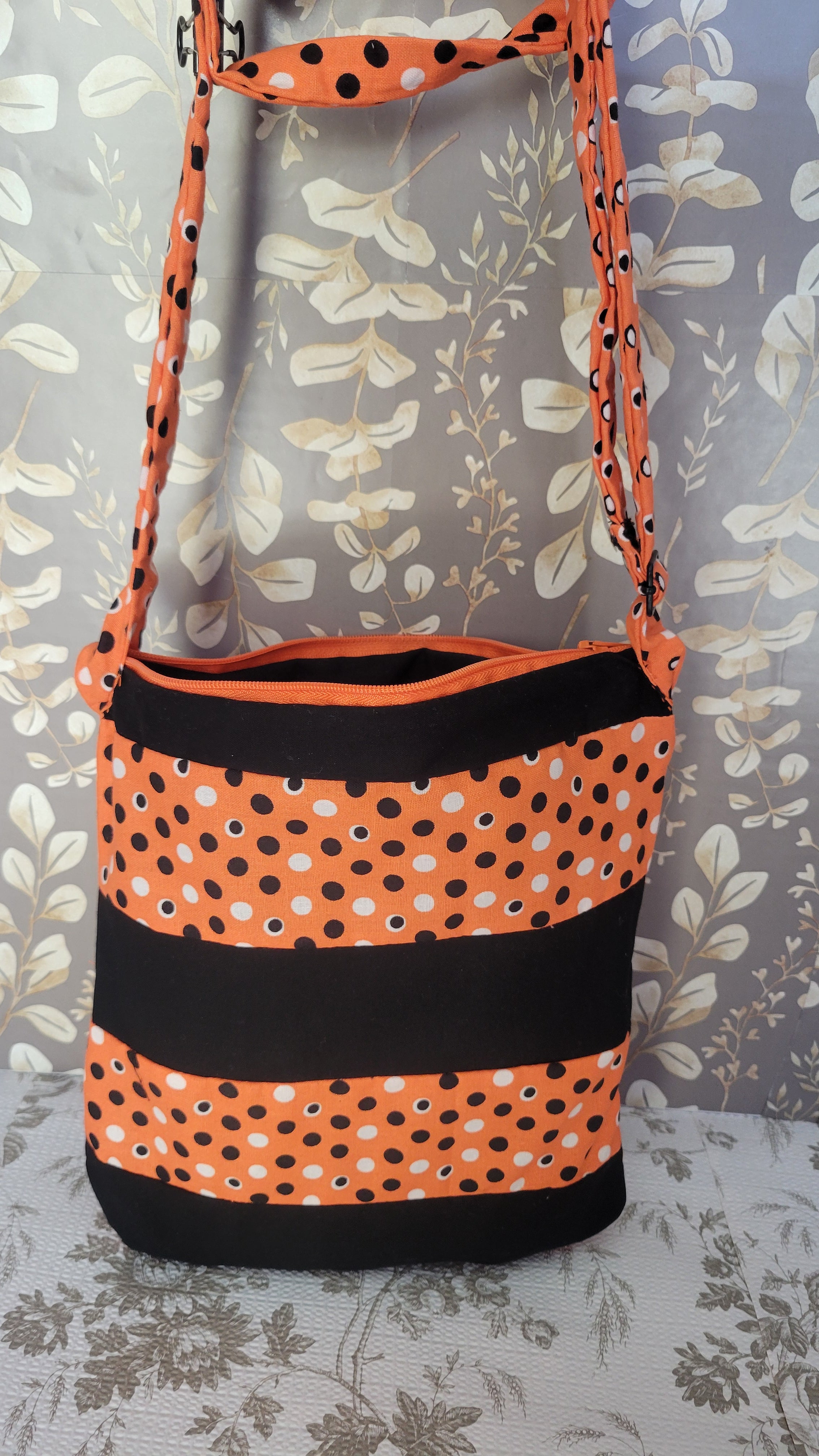 Black and White Polkadots in Orange Background in Quilted Angelica Style