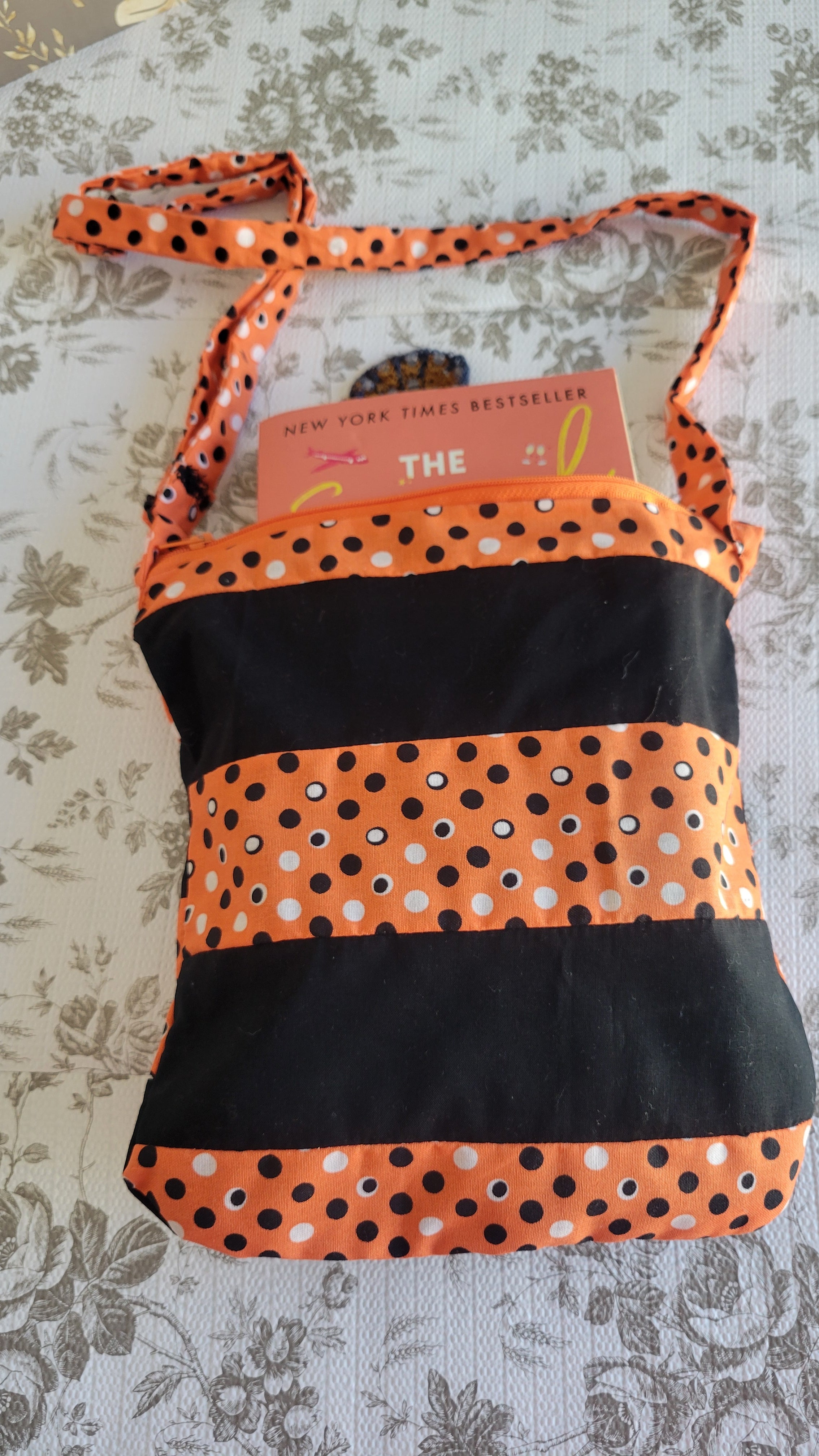 Black and White Polkadots in Orange Background in Quilted Angelica Style